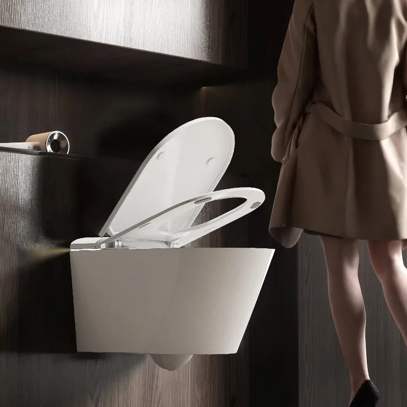 โถสุขภัณฑ์ติดผนังอัจฉริยะพร้อมฝาเปิดอัตโนมัติ เซ็นเซอร์ตรวจจับการนั่ง รีโมทคอนโทรล ระบบทำความร้อน แผ่นโฟมในตัว ทรงยาว ไม่ใช้น้ำ