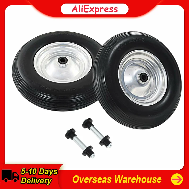 2PCS Wheelbarrow Wheels  with Axles Solid PU 4.00-8 390 mm Garden Wear Resistant Lightweight Barbecue Accessories Wheelbarrow