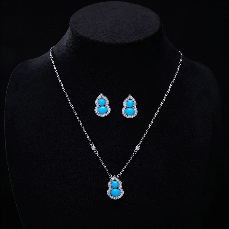 Set di gioielli con anello e collana con ciondolo zucca turchese imitazione retrò, orecchini in stile cinese di lusso leggero e di fascia alta