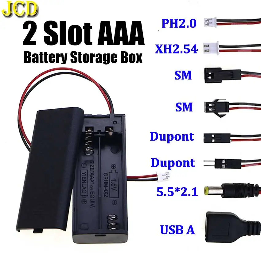 JCD 2-Slot AAA-Batteriehalter mit PH2.0 XH2.54 Dupont SM männlich weiblich Stecker Terminal Leadwire Batterieaufbewahrungsbox mit Schalter