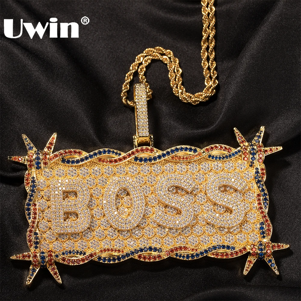 UWIN Custom Rectangle Nameplate Necklaces Iced Out 5A+ Pave Setting Cubic Zirconia Fashion Personalized Hip Hop Jewelry for Gift