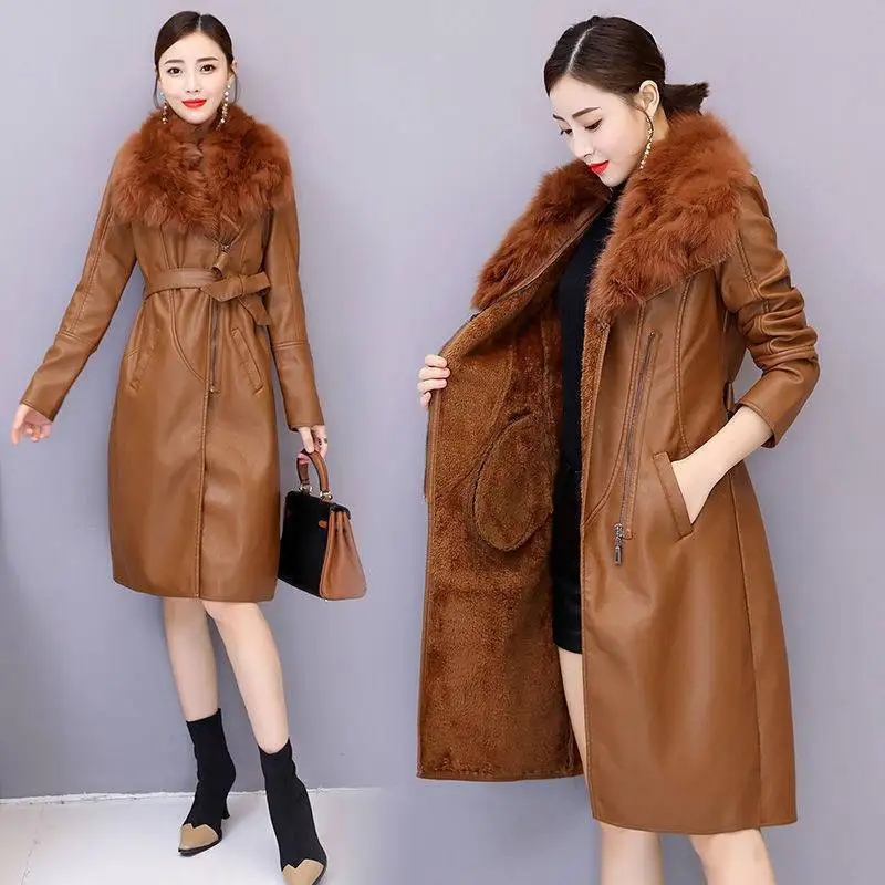 Winter Faux Fur Collar Leather Long Loose Coats Coat Female Jacket Parka Women Femme Rabbit Mink Sheepskin Fashion