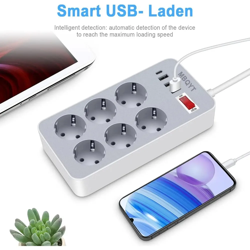 قطاع الطاقة 6 منافذ 4USB (3A + 1C) حامي عرام، سلك تمديد 1.8 متر للمنزل/المكتب/المتجر