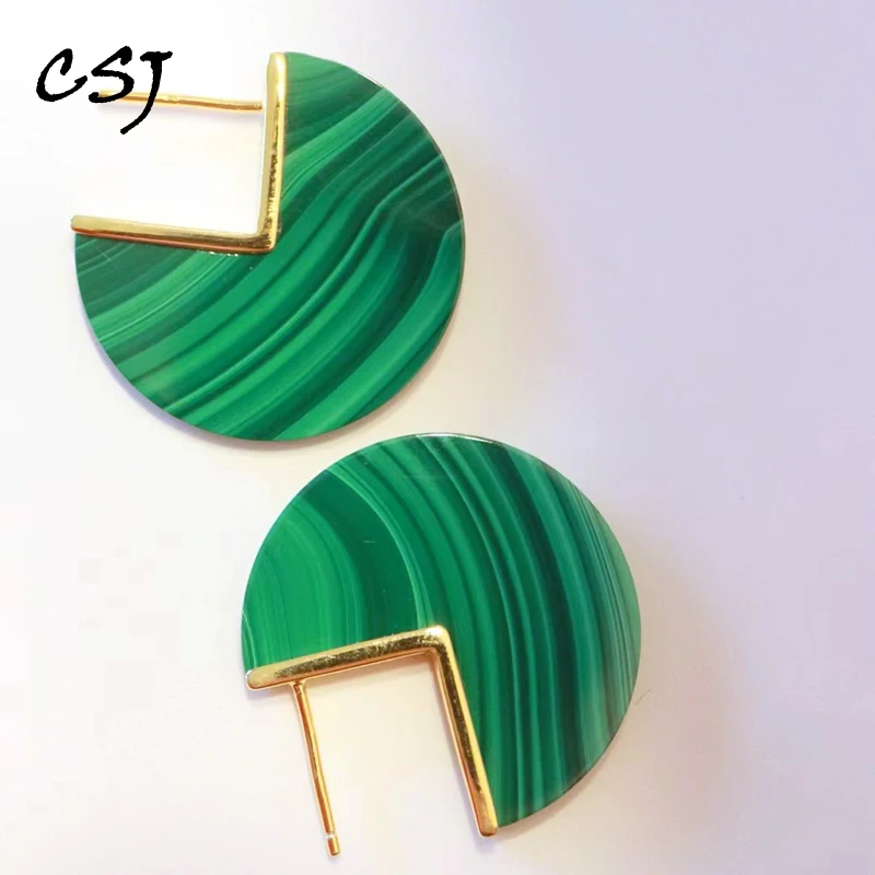 

CSJ Big Natural Malachite Earrings Sterling 925 Silver Geometry Gemstone Handmade Jewelry for Women Party Gift