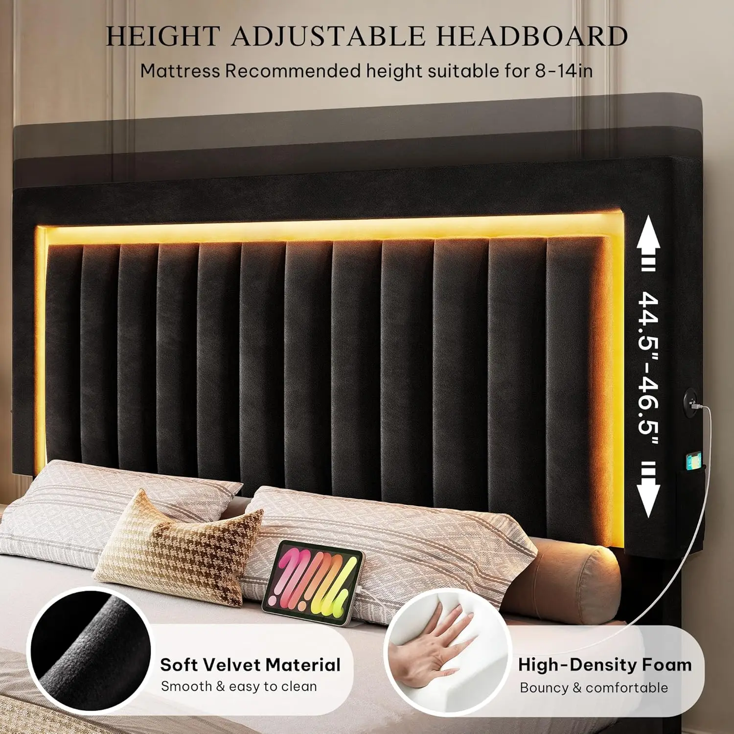 King Size Bed Frame with Velvet Vertical Tufted Upholstered Adjustable Headboard, 4 Storage Drawers, RGB LED Lights and USB Port - view 6