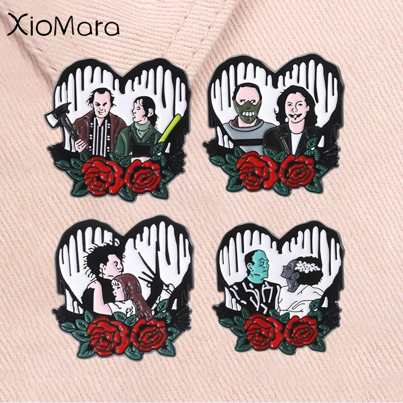 Halloween Horror Movie Enamel Pins Ghost Zombie Couple Heart Metal Brooches Lapel Badge Valentine's Day Jewelry Gift For Friends