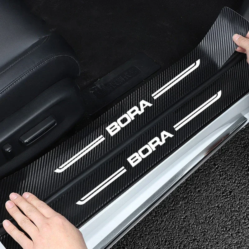 Carbon Fiber for VW BORA Logo Car Door Threshold Protective Decals Doorsill Trim Stickers Pedal Guards Trunk Strip Styling