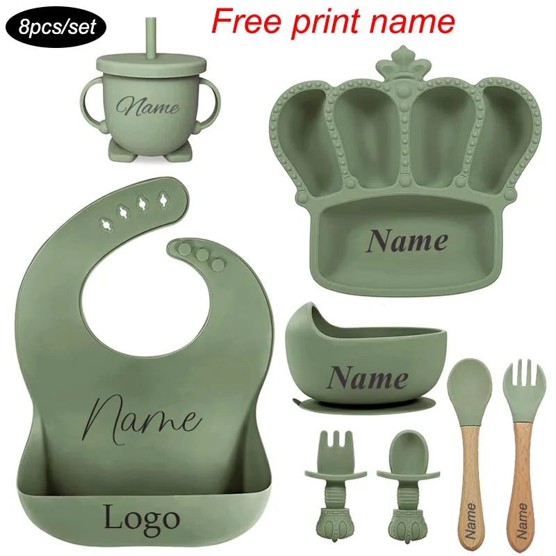 Crown Plate For Kids 8Pcs Baby Feeding Set Children's Silicone Tableware Free Personalized Name Logo Suction Cup Bowl BPA Free