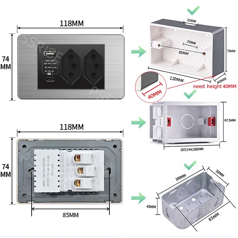 

PSSRISE Brazil Standard Wall Power Socket with 5V 2.1A USB Type C Charger Stainless Steel Panel Light Switch Computer TV Outlet