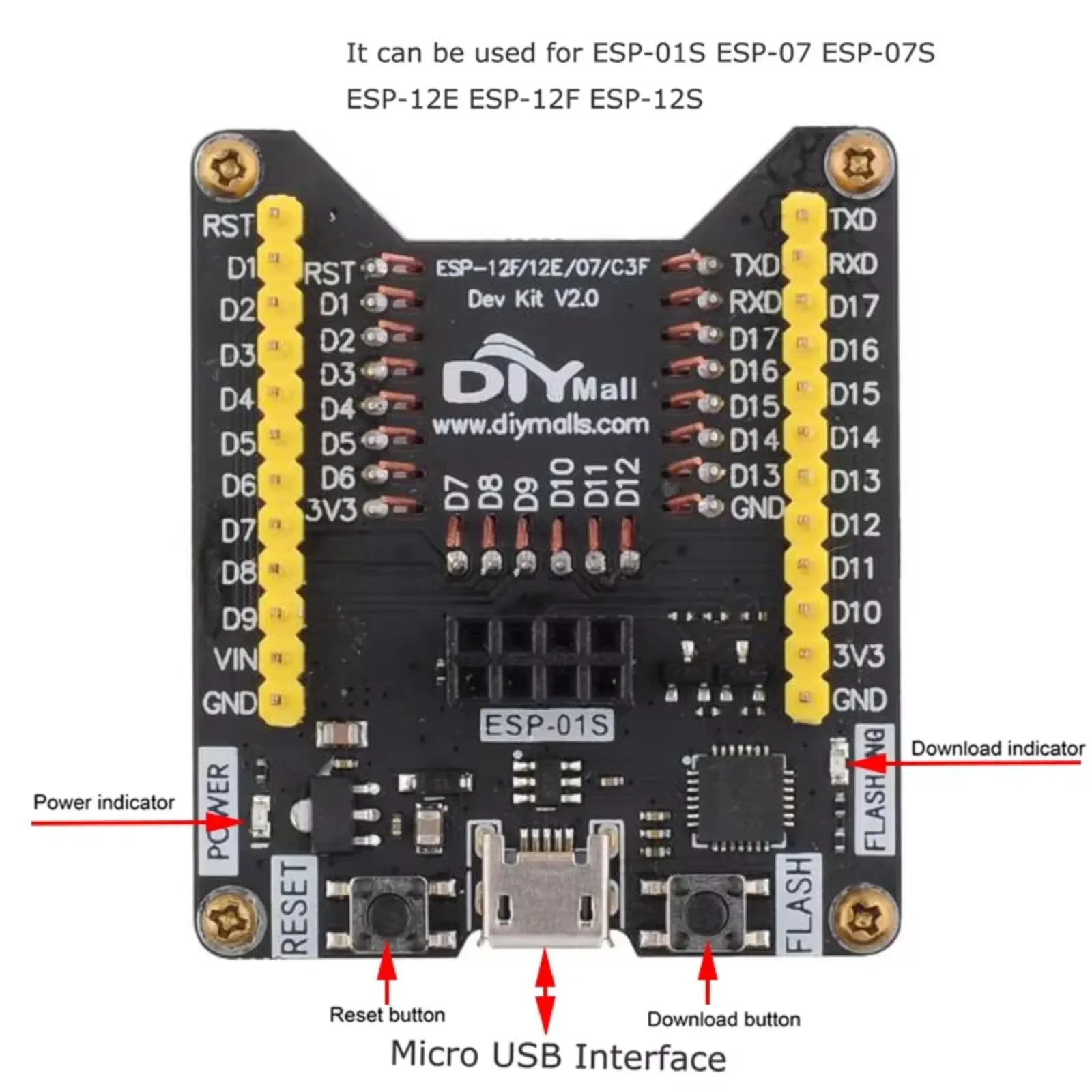 DIYmall ESP8266 Płytka Rozwojowa z Funkcją Programowania Kompatybilna z Programatorami Micro USB ESP-01S/07/12E/12F