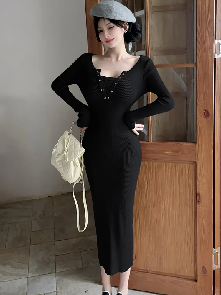 Herfst Winter Zwart Gestreepte Gebreide V-hals Lange Jurk Vrouwen Vintage Luxe Avondjurk 2025, Koreaanse Elegante Bodycon Feestjurk