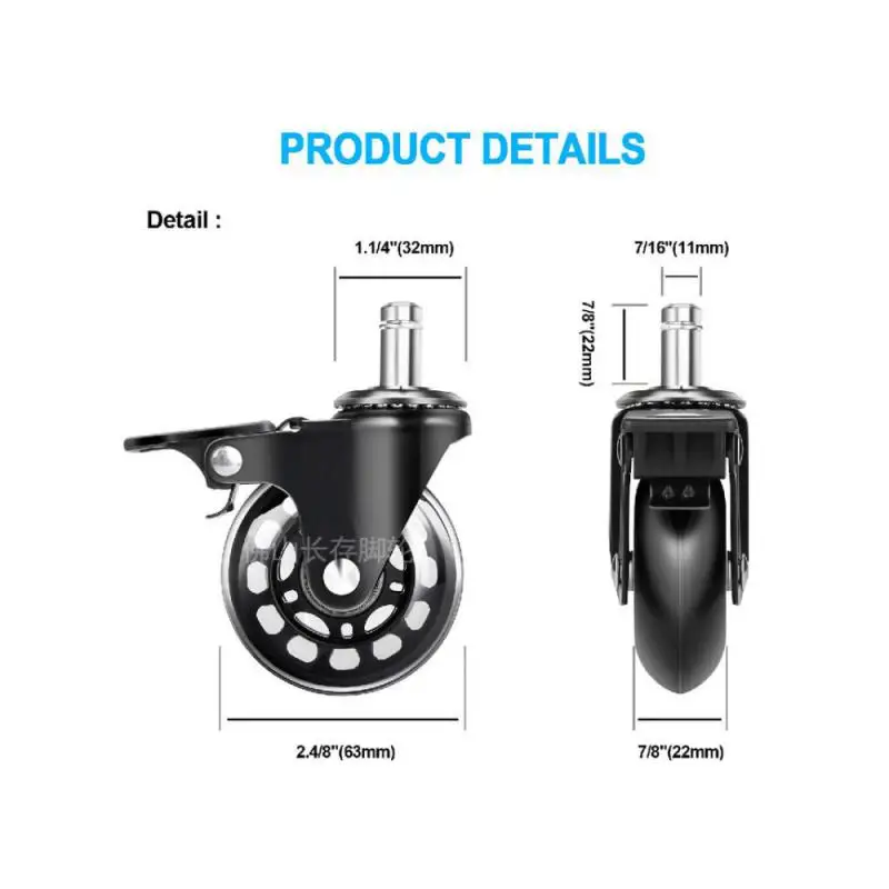 5 Packs 2.5 Inch Black M11 PU Transparent Wheel 11mm Office Chair Universal Brake Furniture Caster Small