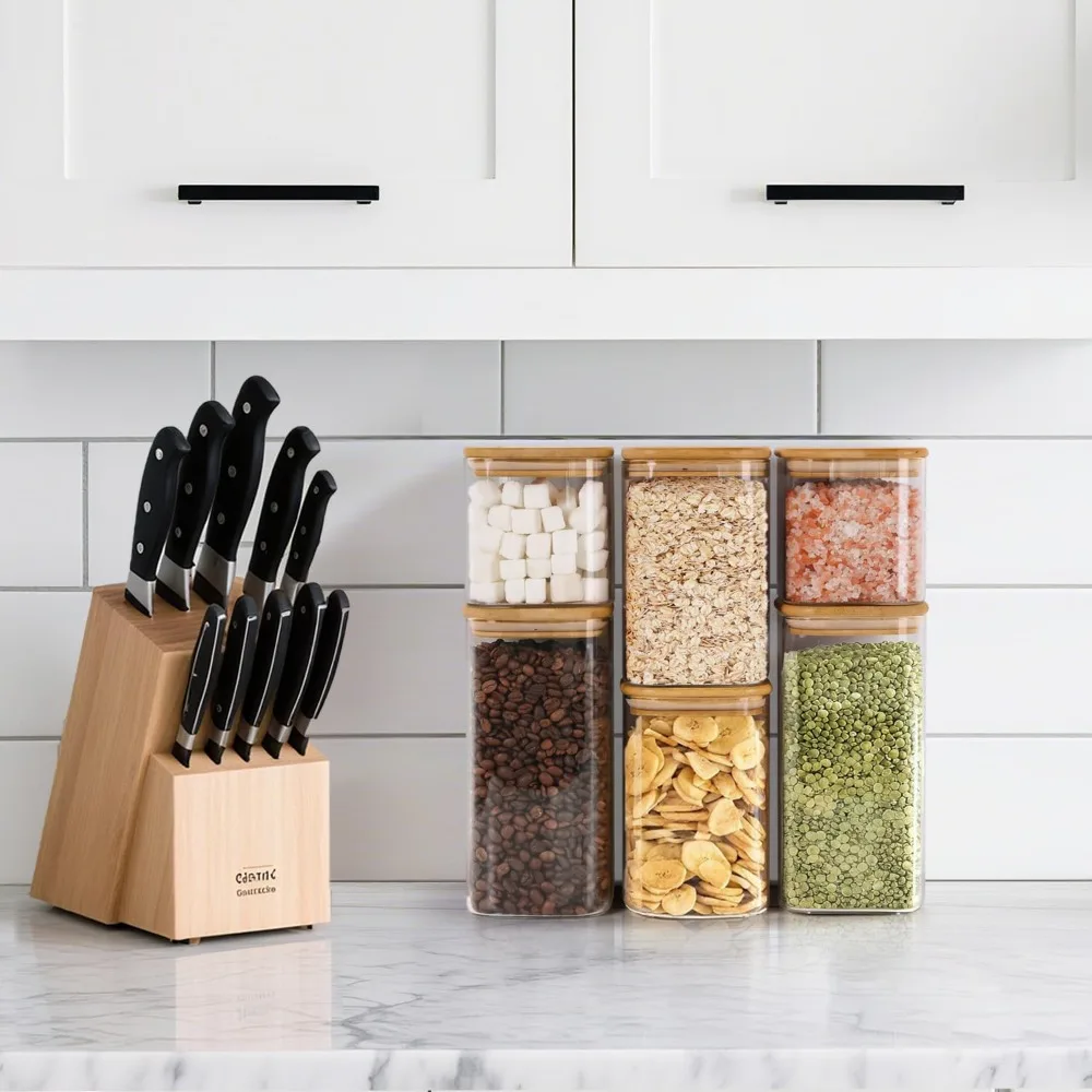 Square Glass Pantry Containers Set of 6 - 0.7/1.2/1.6Qt, Airtight Bamboo Lids, Borosilicate Glass Jars for Kitchen Storage view 5