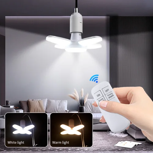 접이식 선풍기 블레이드 E27 LED 전구, 타이머 리모컨 포함, 가정 창고 차고용 산업용 램프, 220V 85-265V 28W