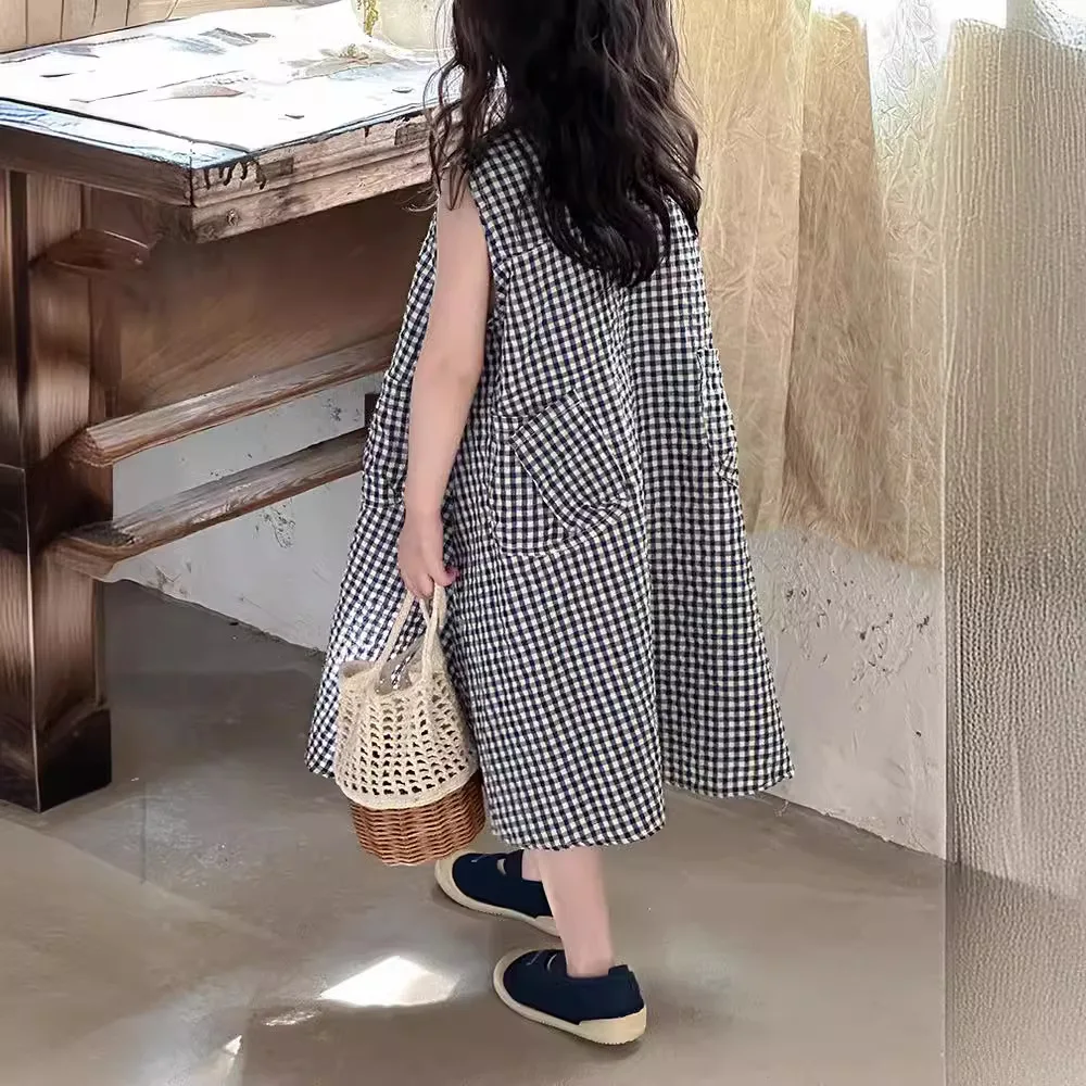 Robe d'été à carreaux multi-poches pour filles, jupes longues à carreaux, mode pour enfants, nouveau style coréen, 2024