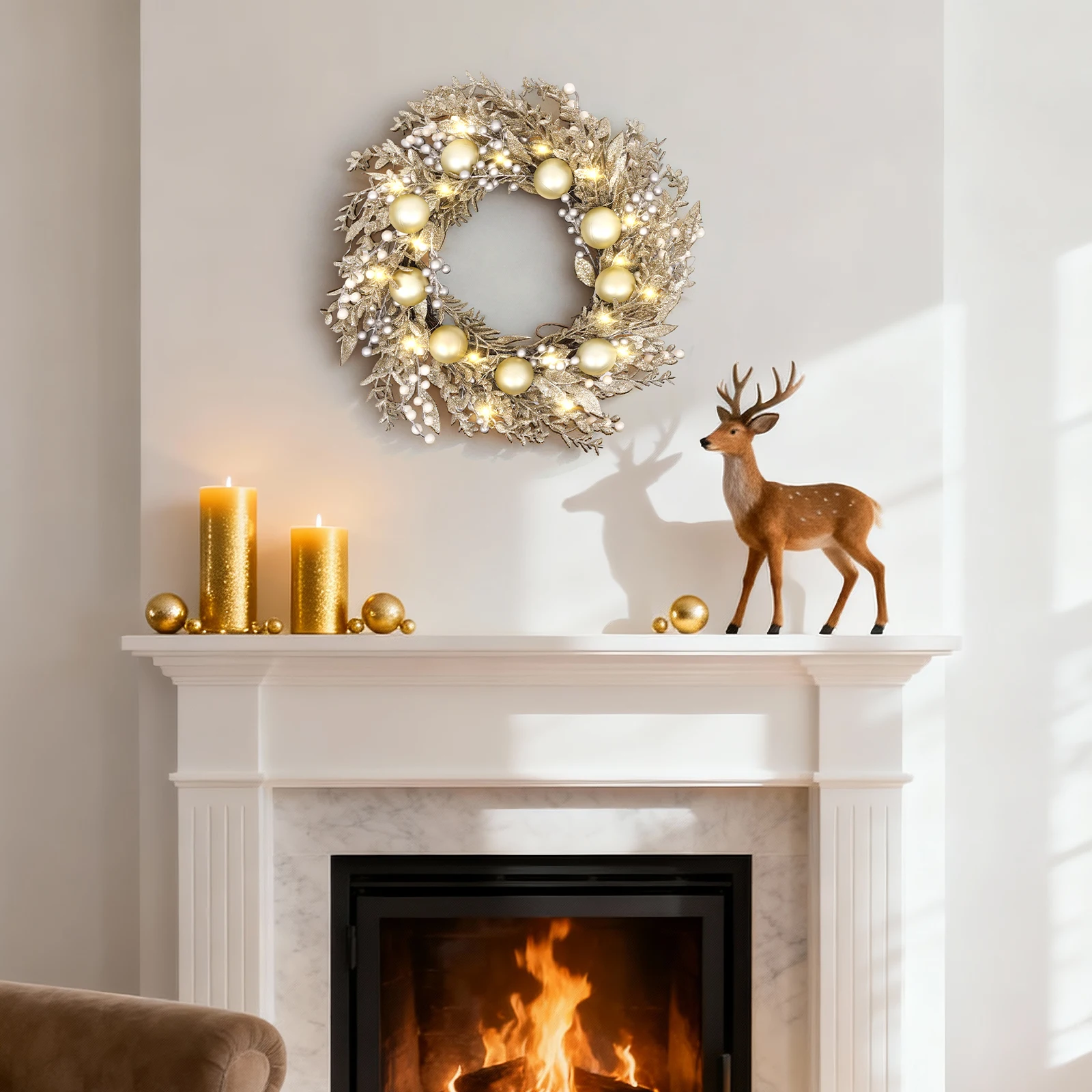 

Battery Operated Pre-lit Christmas Wreath 24" 50 LEDs, Shatterproof Outdoor Door Decor with Balls & Berries