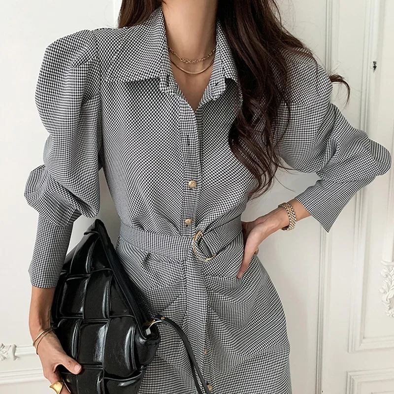 Houndstooth Black Dress Women Streetwear Long Sleeve Single-breasted Elegant Dresses Bodycon Korean Business Chic Vestidos