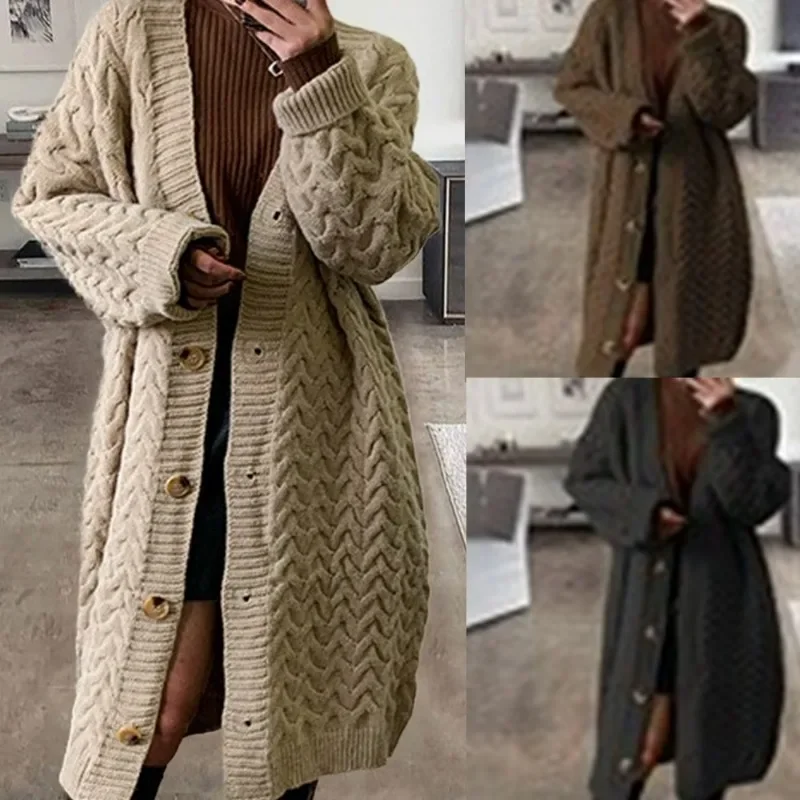 

New Arrivals Exquisite Design Autumn Winter Knitted Coat Loose Casual Mid-Length Solid Color Sweater Cardigan