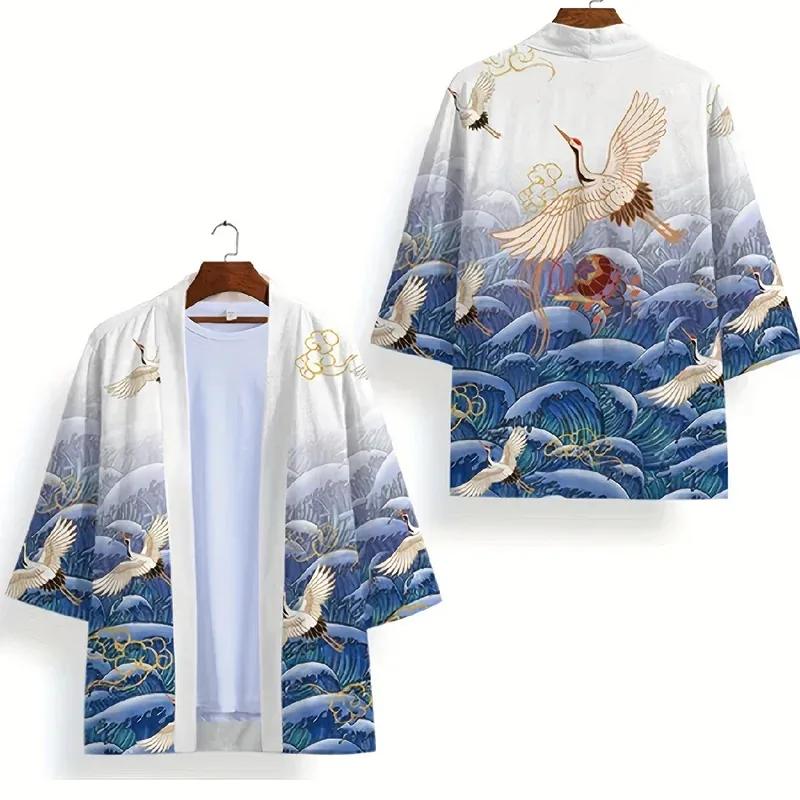 Animal Bird Patterns Crane Waves Asian Traditional Costume Print Kimono Men Women Yukata Haori Harajuku Cosplay Cardigan Costume