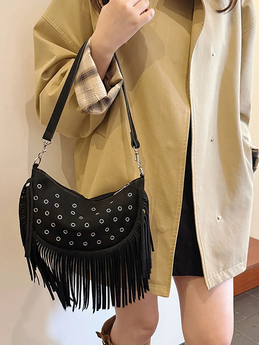 الصلبة شرابة حقيبة للسيدات 2025 الخريف الشتاء جديد البوهيمي نمط خمر برشام حقائب اليد سستة عالية الجودة حقيبة كروسبودي #1