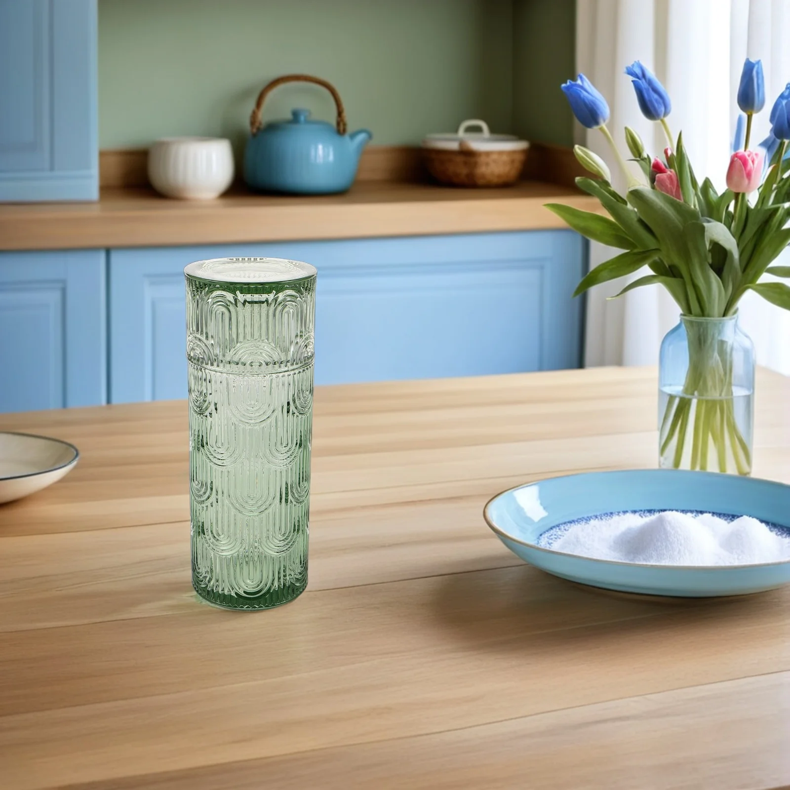 

Embossed Glass Bedside Water Carafe Set Nightstand Water Jug Juice Pitcher Tumbler Cup Decorative Cold Beverage