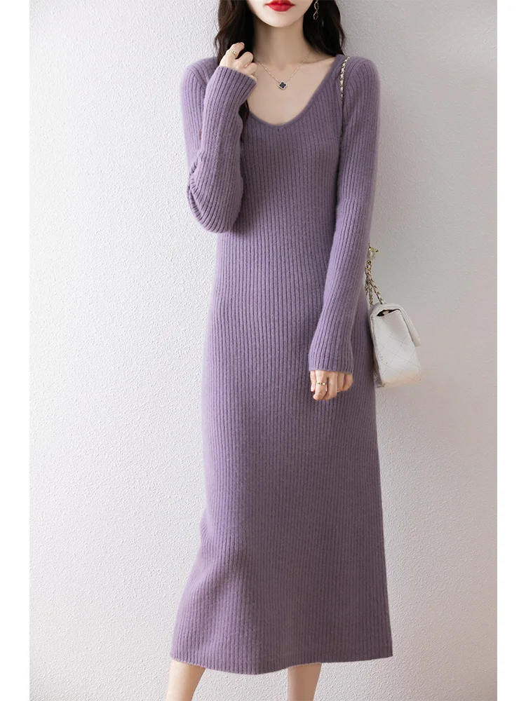 

New Chic Women's Wool Dresses Slim Pullover Autumn Winter 100% Merino Wool Knitwear Office Lady Cozy Long Sleeve Sweater Skirt