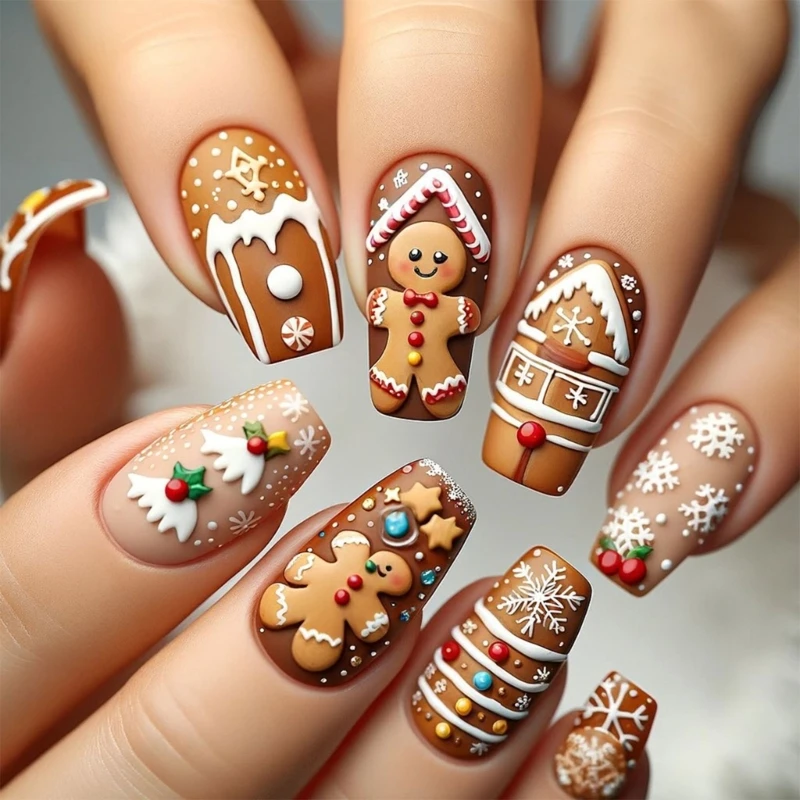 Cartoon Gingerbreads Man False Nails Christmas Press On Nails Chocolate House Full Cover on Nails Artificial Nails