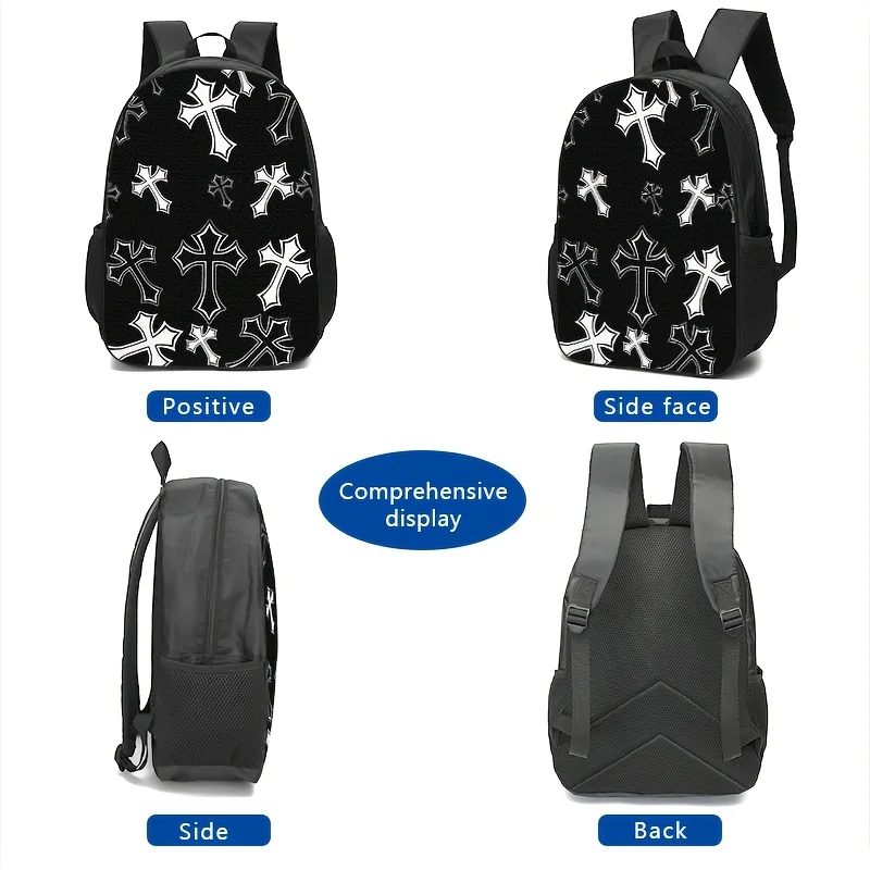 Black Cross-patterned Backpack, Pencil Case, and Tote Set with Durable Print, Adjustable Straps, Large Capacity for Daily Use