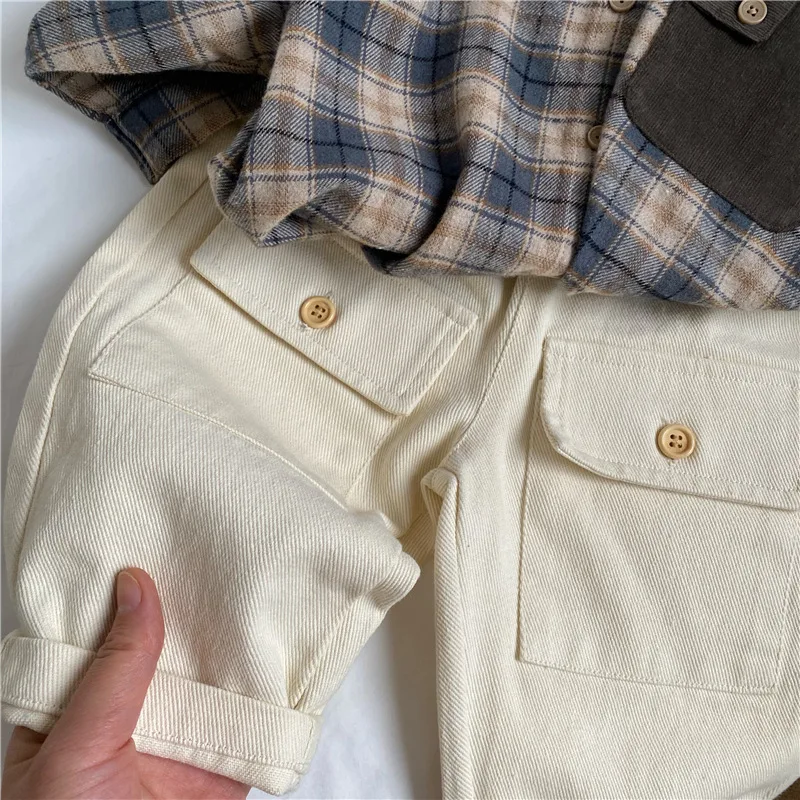Korean Autumn New Products Children's Large Pockets Washed Cotton Overalls Casual Loose Trousers
