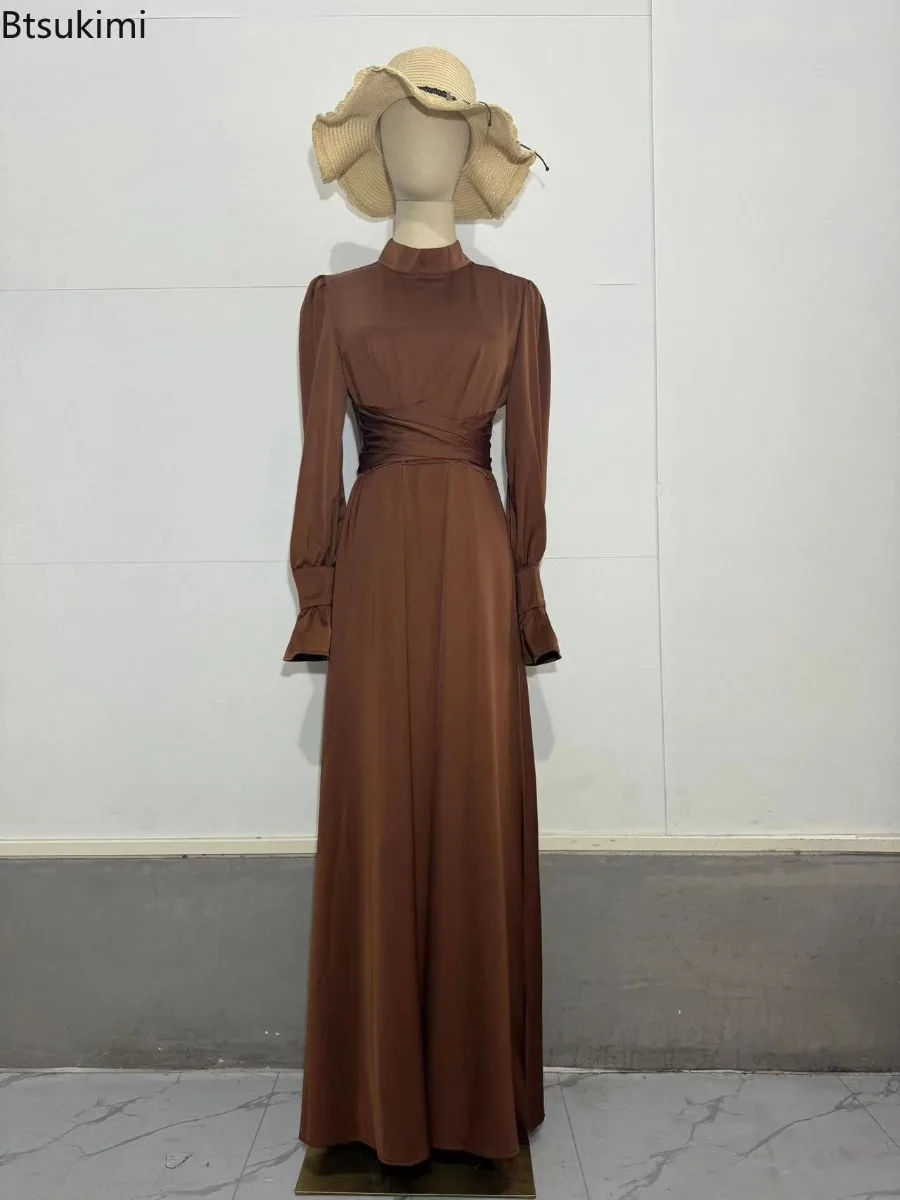 2025Spring New Satin Evening Dresses Women Elegant Lace Up Lantern Sleeve Maxi Dress Fashion Party Vestidos Dubai Arab Long Robe