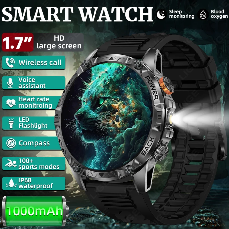 

LIGE Smart Watch 1000mAh Battery 1.7'' HD Large Screen Heart Rate Health Detection Waterproof Compass Smartwatch Wireless Call