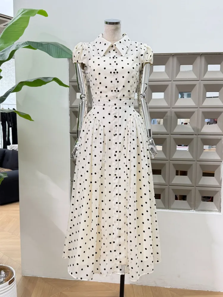 DFDG Women’s 2025 New Retro Polka Dot Sheer Dress Spring Summer Vintage Polo Collar Fashion Slender Long Elegant Design Dress