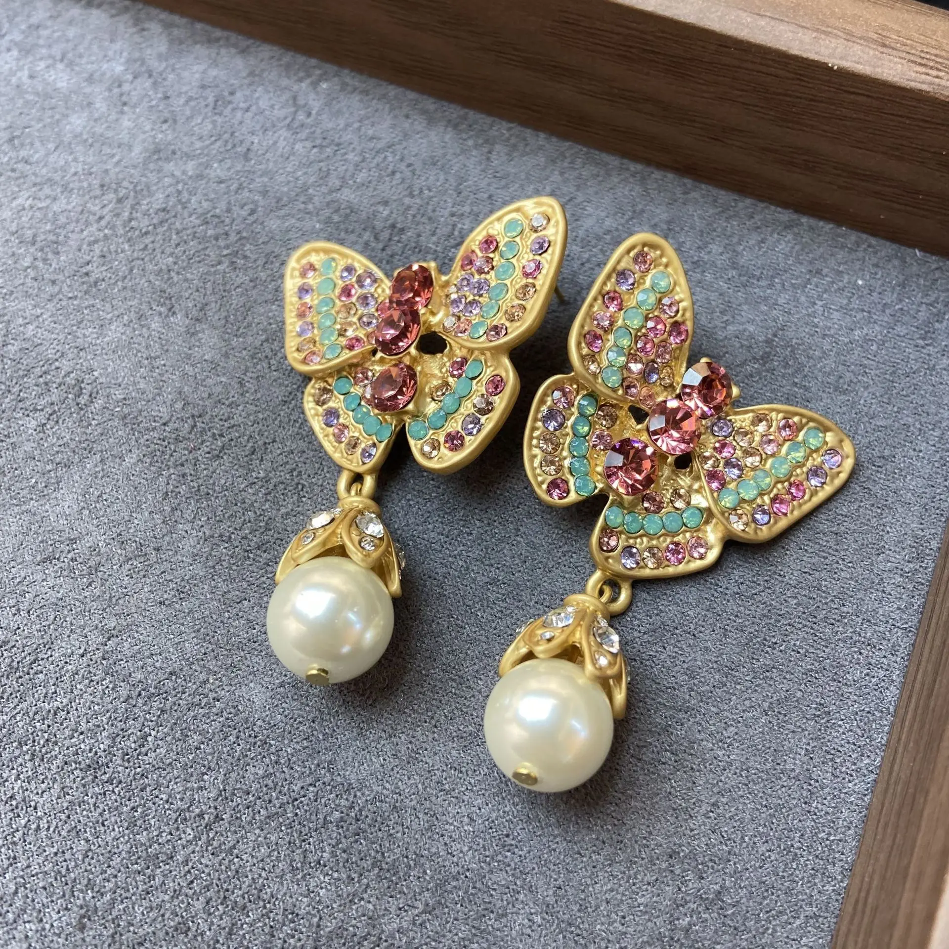 Women Vintage Copper Plated Real Gold Butterfly Pearl Necklace Earrings 2024