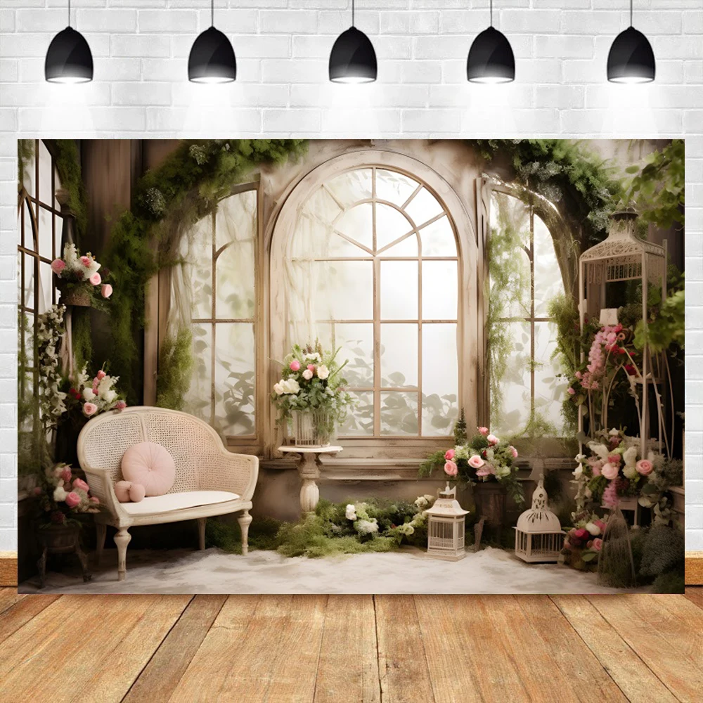 Pink Flowers Garden Arched Floor-To-Ceiling Windows Valentine\'s Day Photography Background Baby Girls Portrait Indoor Backdrop