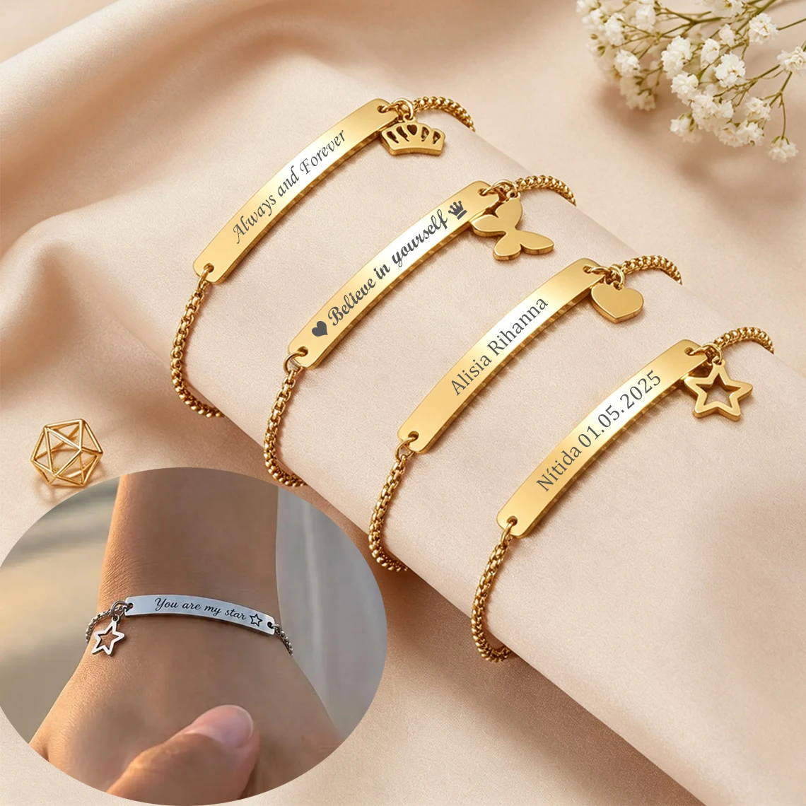 Kissmoon Custom Engrave Name Date Bracelet for Kids Women Stainless Steel Heart Star Crown Charm Bracelet Baby Mom Jewelry Gift