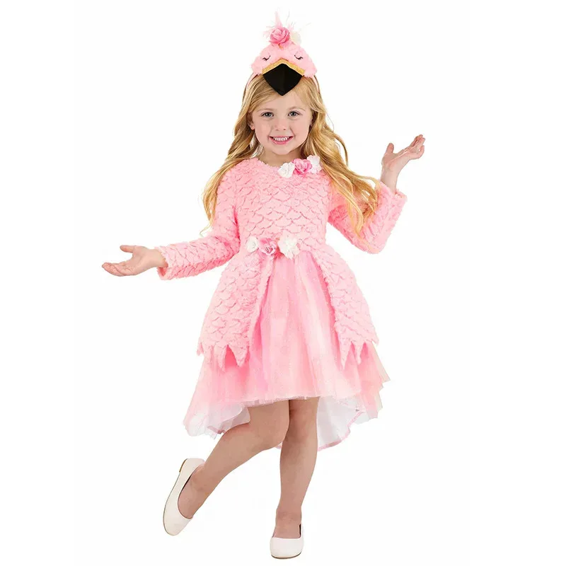 Disfraz de flamenco y pájaro rosa para niñas y niños de 3 a 10 años, vestido elegante de fiesta de Purim de Halloween con diadema de flores, Umorden de terciopelo PV