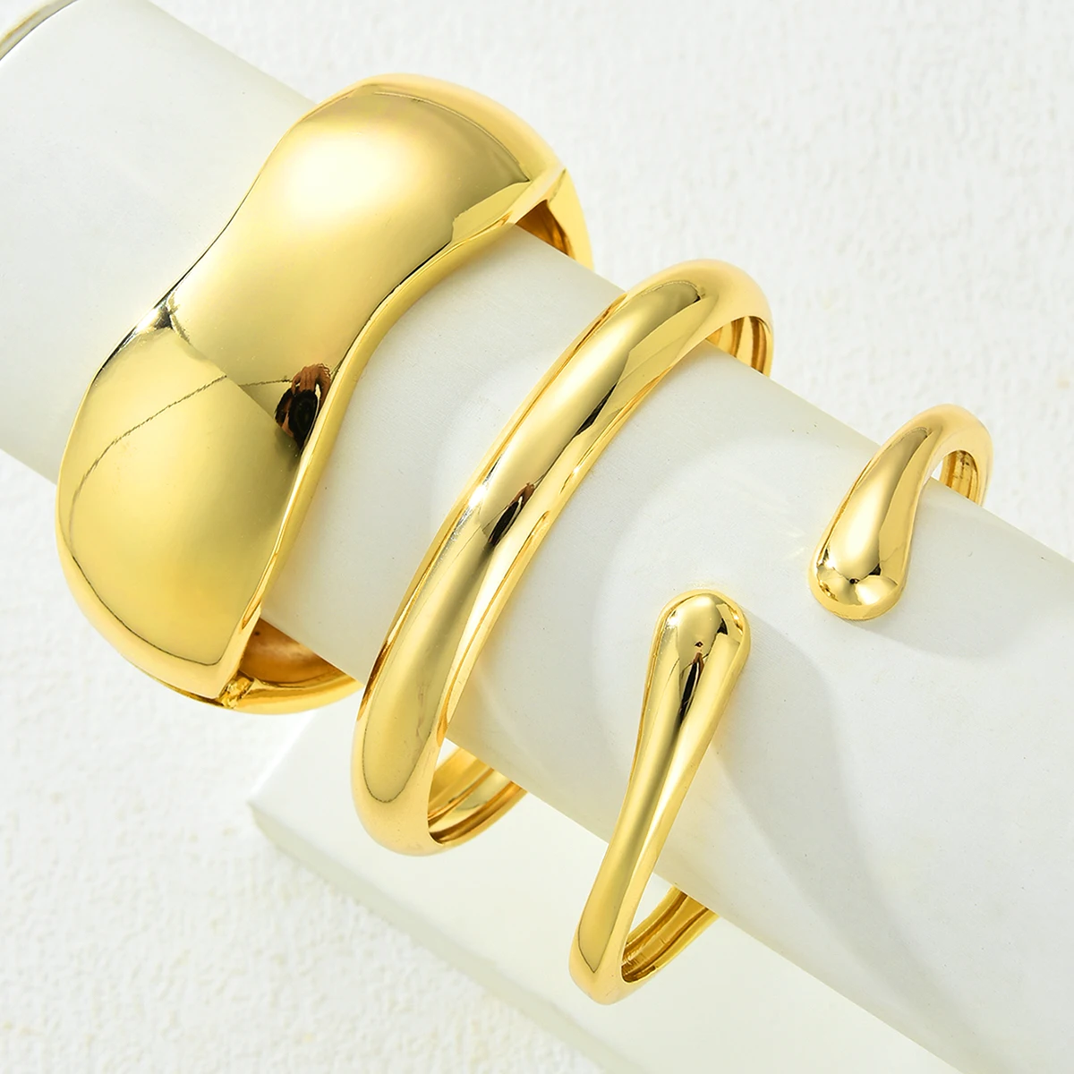 3pcs/Set Fashion Minimalist Gold Color Geometric Wave Asymmetrical Teardrop Bangle Bracelet for Women Thick Smooth Metal Jewelry