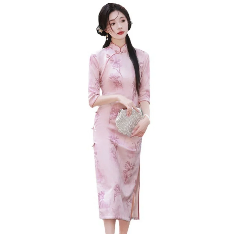 

Pink Print Qipao Suede Long Cheongsam Stand Collar Mid Sleeved Side Slit Slim Fit Dress Chinese Style Costume Women's Clothing