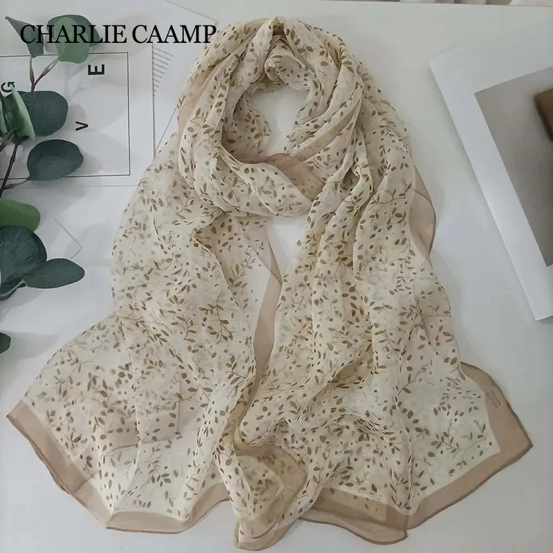 Lenço de seda chiffon para mulheres, xale fino, cheio de estrelas, estampa de flores, bandana longa, hijab, verão