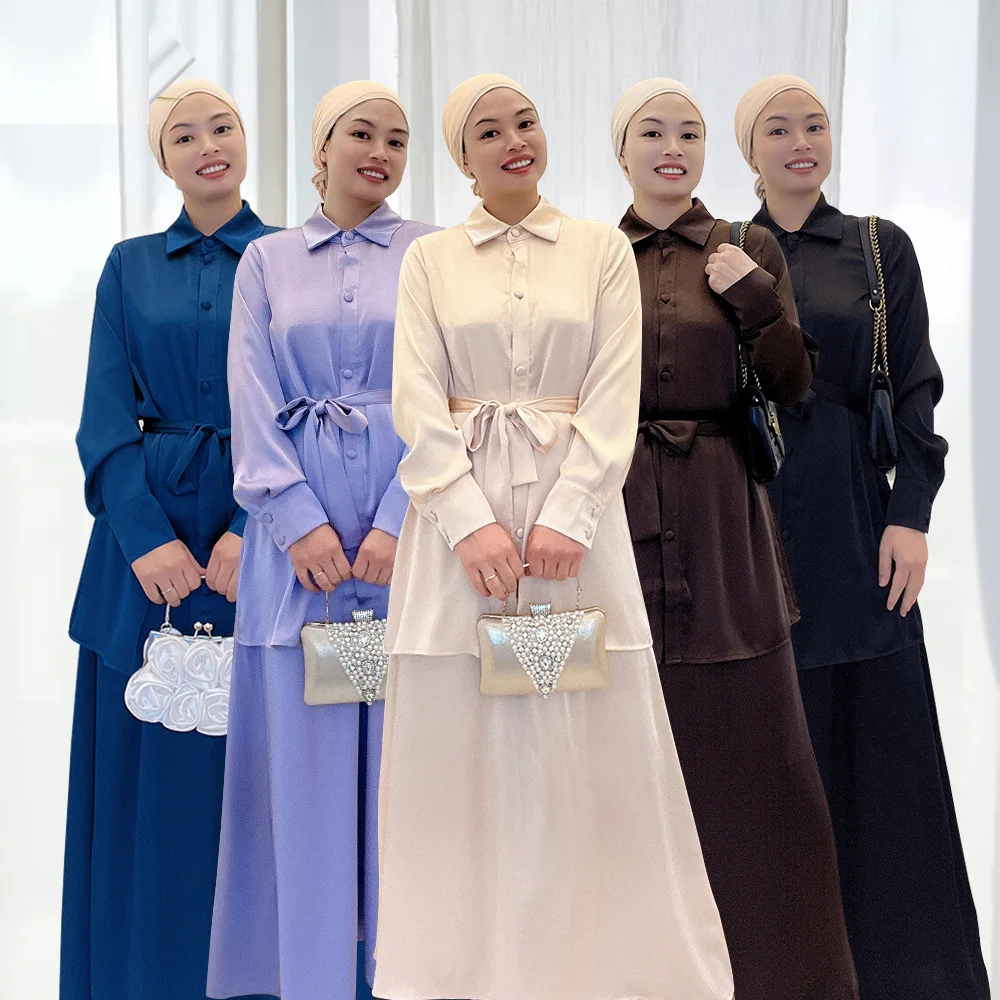 

Women Long Sleeve Shirt Tops Maxi Skirt Belted Tracksuit Satin Outfits Dubai Turkey Abaya Muslim Dress Eid Ramadan Suit Kaftan