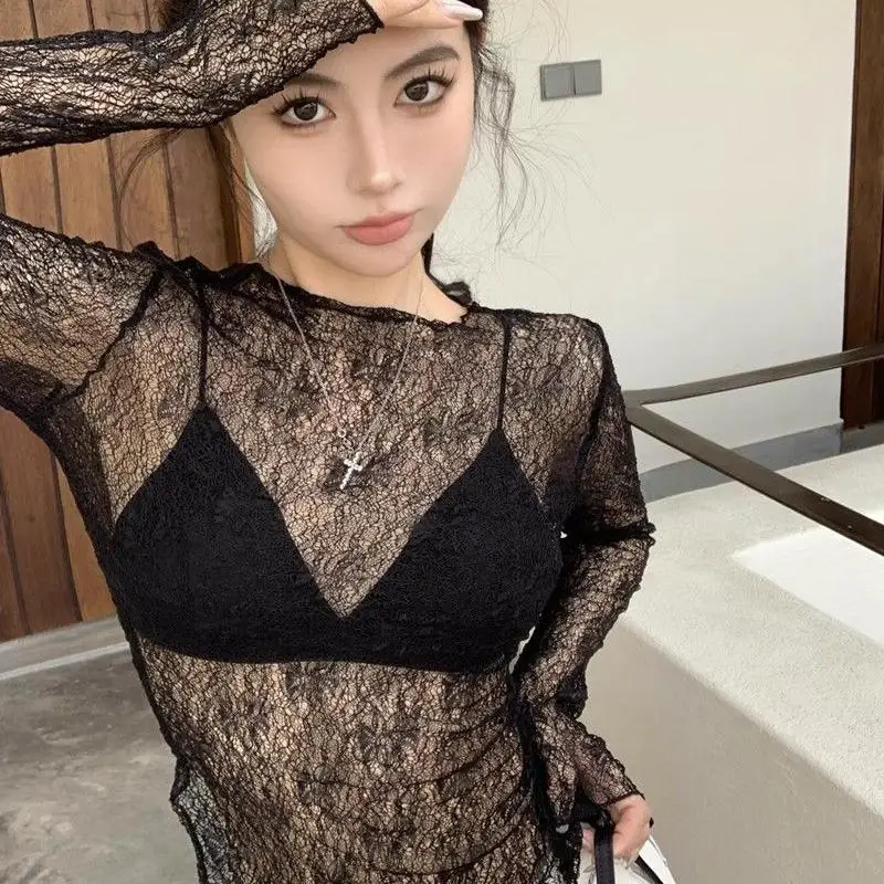 Yedinas Sexy See Through Lace T Shirt Women Clothes Slim Sheer Summer Tops Long Sleeve Y2k Tees Thin Korean Fashion Tshirts Chic