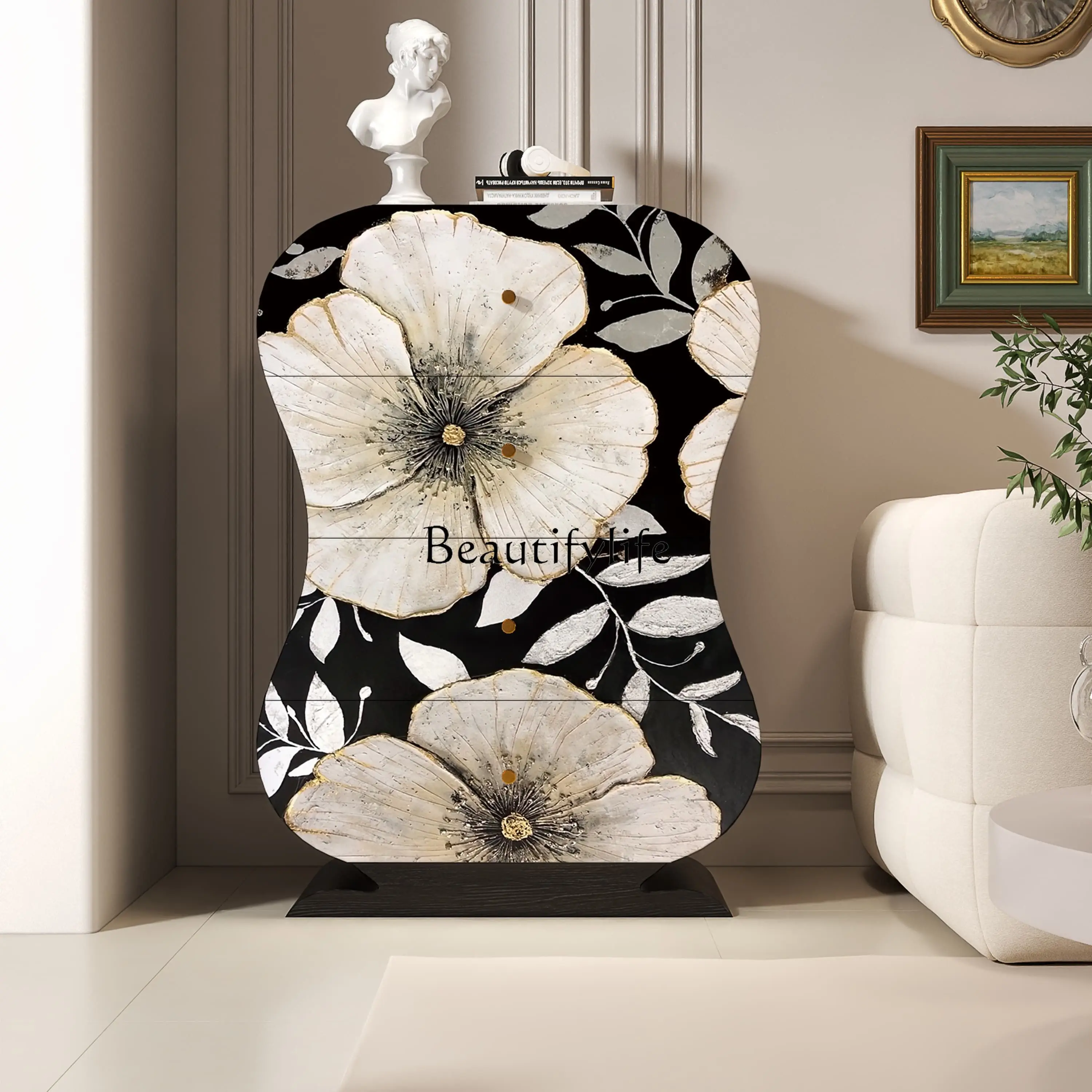 

Chinese pattern painted solid wood four chest cabinet living room homestay storage cabinet