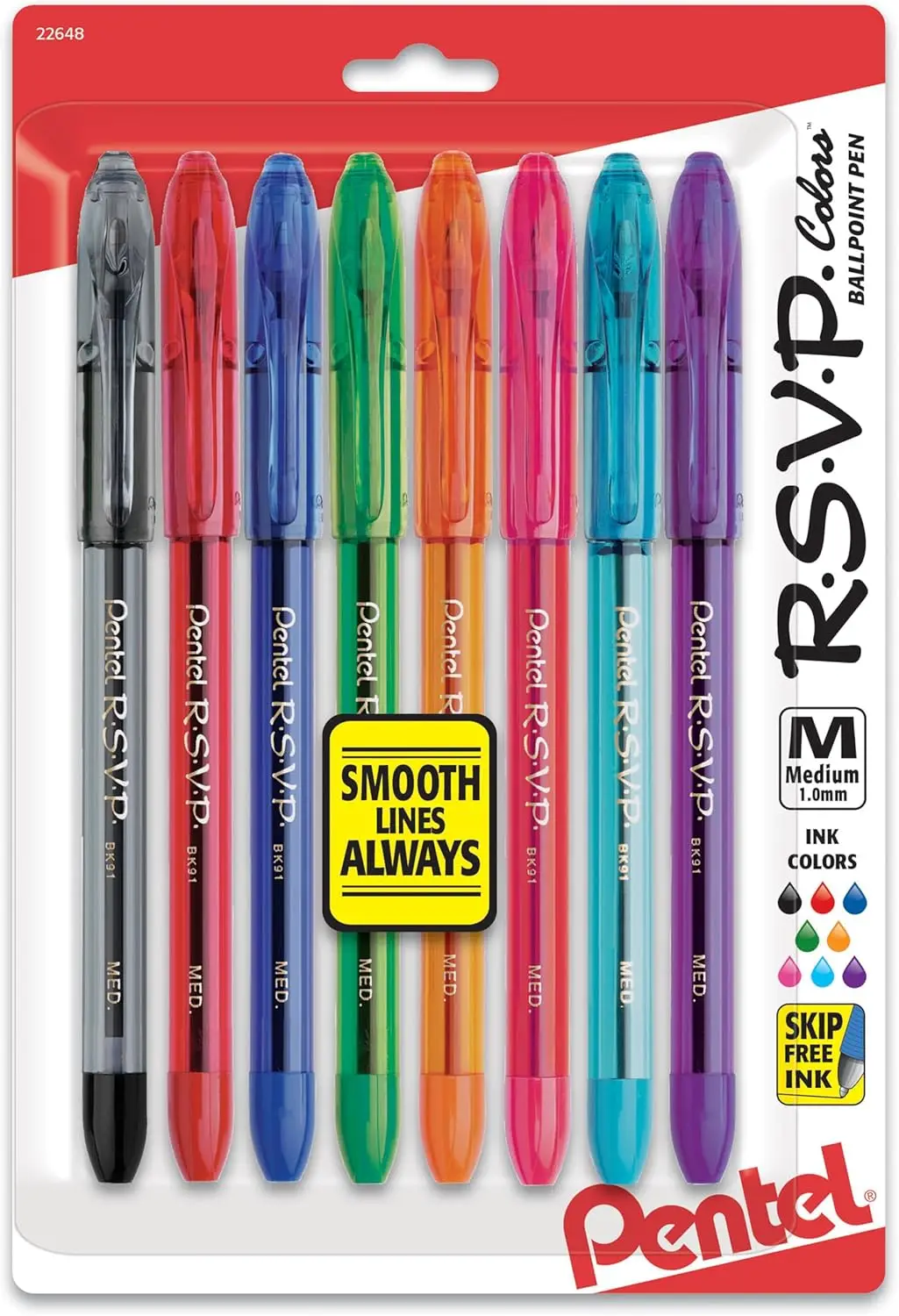 

8 Pack Medium Point Ballpoint Pens, 1.0mm Assorted Colors, Smooth Writing, Comfort Grip