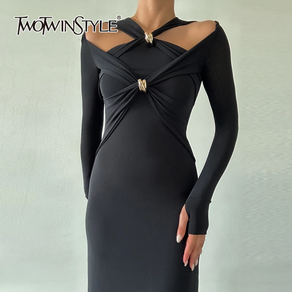 

TWOTWINSTYLE Solid Hollow Out Slimming Dresses For Women V Neck Long Sleeve Knitting High Waist Elegant Dress Female Fashion New