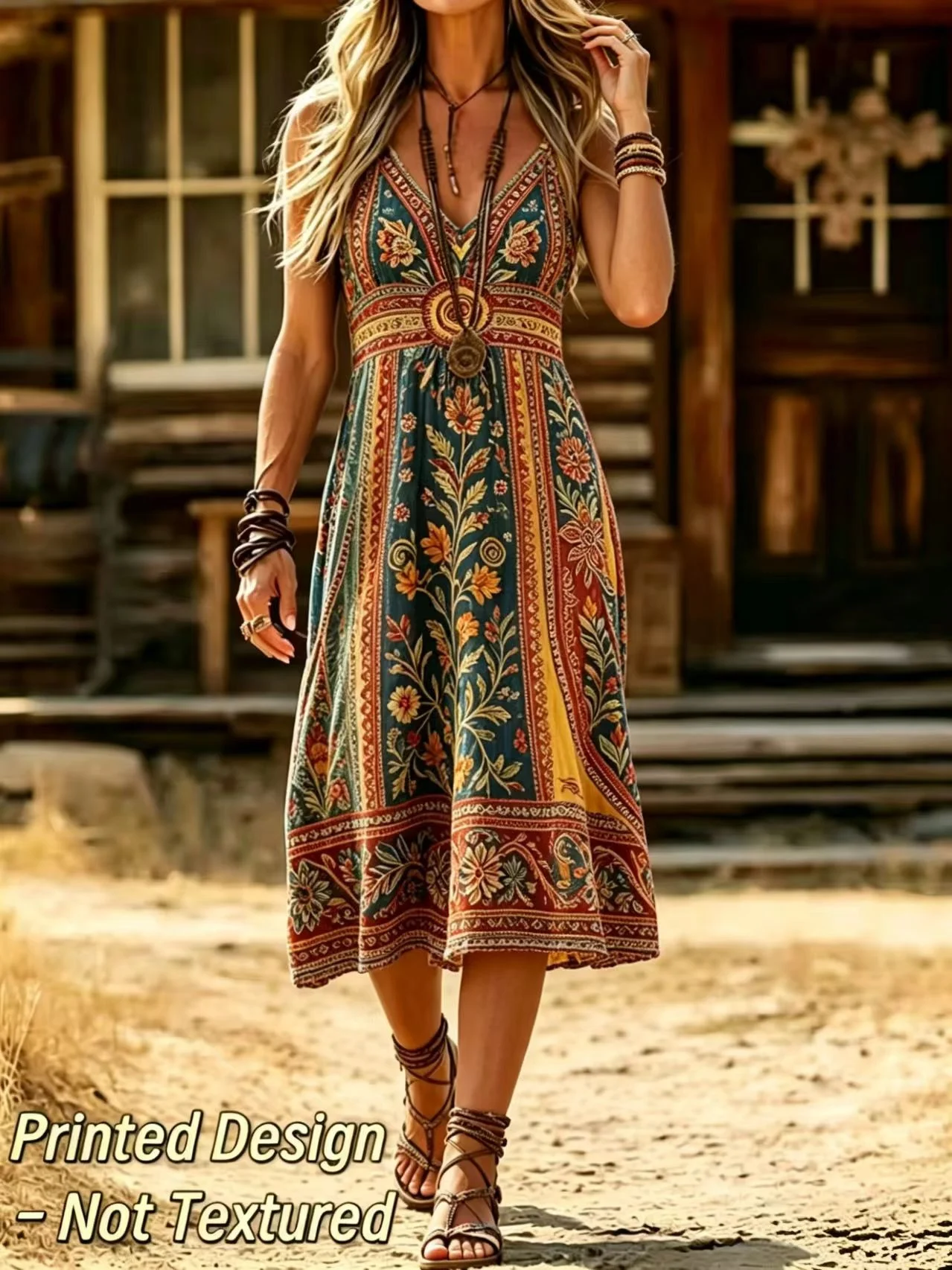 2D-geprint ontwerp - Niet-getextureerde zomerjurk voor dames in retro-gradatie, etnische stijl, mouwloze jurk met V-hals, bohemien casual halflange jurk - zacht en rekbaar materiaal