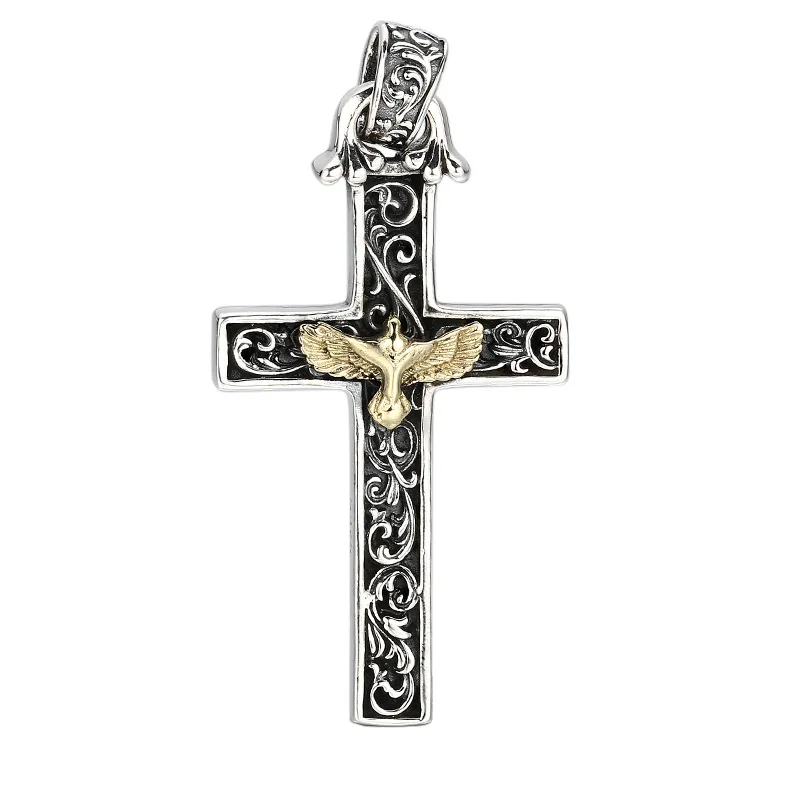 

925 Sterling Silver Gothic Cross Pendant with Eagle Design Arabesque Pattern Thai Silver Antique Finish Vintage Chai