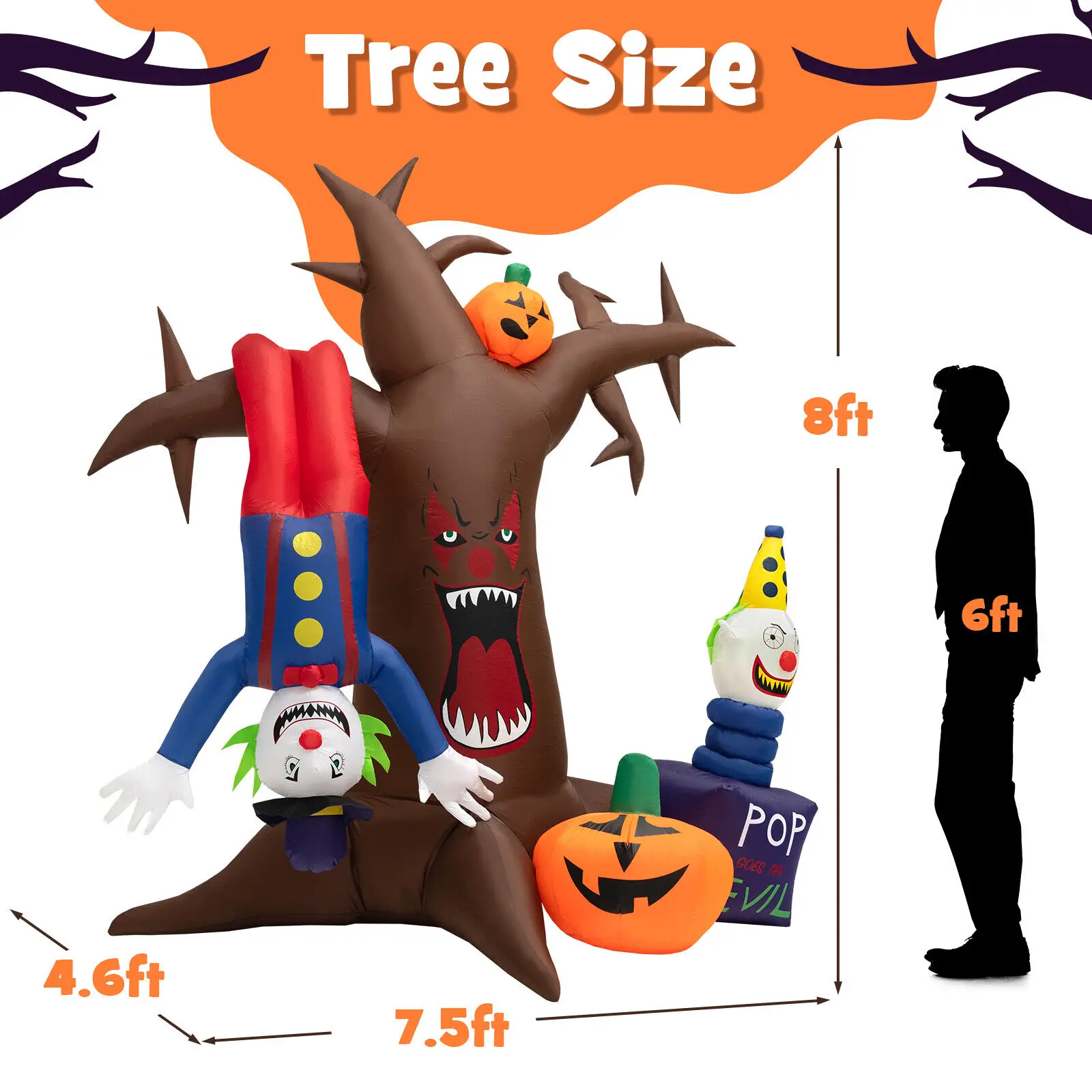 Costway 8 FT Halloween Inflatable Tree Giant Blow-up Spooky Dead Tree with Pop-up Clowns