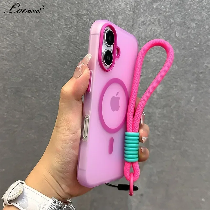 

Чехол со шнурком контрастного цвета для Magsafe Candy Color для iPhone 16 15 Pro Max 14 Plus 11 12 13 16e, ремешок на запястье, матовый мягкий чехол