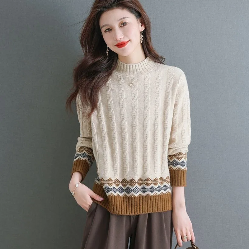 Color Blocking Jacquard Sweater Short Woman's Mock Neck Knitted Layer 2026 Autumn Winter High Waist Loose Slim Warm Base Shirt
