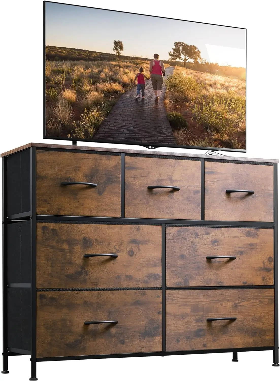 Mueble para TV, centro de entretenimiento con cómoda de tela, mesa consola multimedia con estructura de metal y tapa de madera, marrón rústico